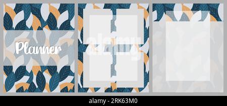 Planner templates for notes, reminders, plans, ideas, timetable, with pattern leaves blue colors. Vector illustration Stock Vector