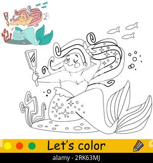 Cute and happy body positive mermaid. Vector cartoon black and white illustration. Kids coloring page with a color sample. For print, design, poster, Stock Vector