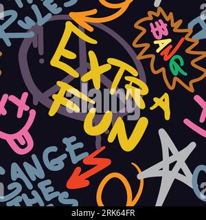 Graffiti slogan Extra Fun, Change the Rules seamless Pattern in Neon Colors. Urban typography print with street art slogans. Abstract graphic underground unisex design for t-shirts and sweatshirt for teenagers. Stock Vector