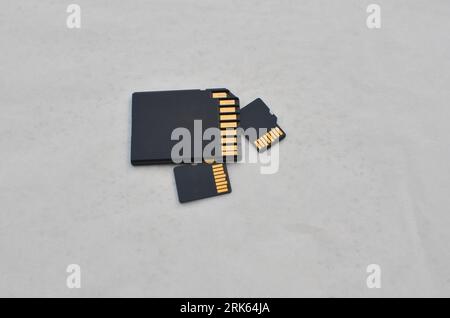 Close up of SD and microSD cards, symbols of compact and efficient storage on chips. Detail of SD and microSD cards, representing the modern concept o Stock Photo