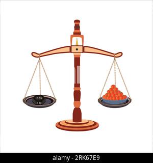 Weight balance scale 3kg weight stone and tomato. equal balance measuring. Vector illustration. balance measure symbol icon. isolated on white bac Stock Vector