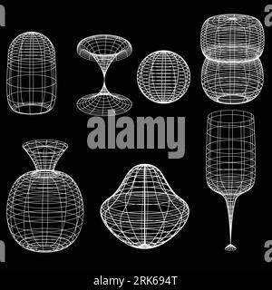 3D mesh grid, net wire, vector. 3D wireframe or geometric network in lines or mesh grid frames, science, and technology object Stock Vector