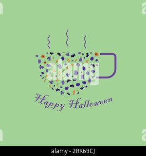 Halloween illustration in coffee cup form. Pattern crafted with Halloween colors. Pumpkin, bat, coffin, witch hat and candy vector icons. Stock Vector