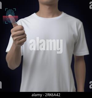 Man use thumbs to scan fingerprint biometric authentication, cybersecurity. Stock Photo
