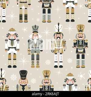 Seamless Christmas Pattern with Nutcrackers in Vector in beige. Stock Vector