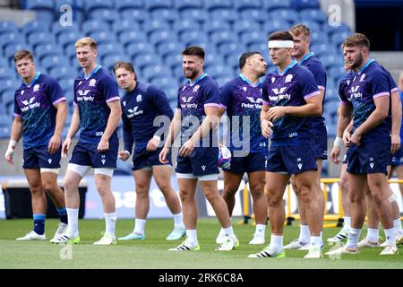 Scotland team-mates during a training session at the Scottish Gas Murrayfield Stadium, Edinburgh. Picture date: Thursday August 24, 2023. Stock Photo