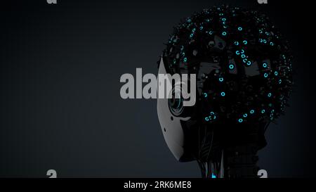 Back view of head of female humanoid robot with white glowing plastic skin, blue eyes and illuminated circuitry in her skull against dark background w Stock Photo