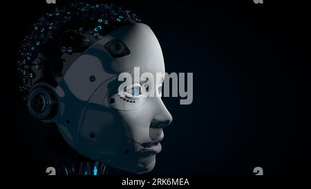 Side view of head of female humanoid robot with white glowing plastic skin, blue eyes and illuminated circuitry in her skull against dark background w Stock Photo