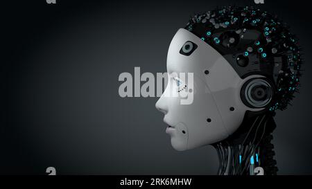 Side view of head of female humanoid robot with white glowing plastic skin, blue eyes and illuminated circuitry in her skull against dark background w Stock Photo