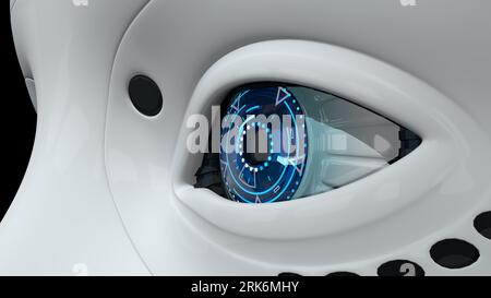 Extreme closeup to blue eye of female humanoid robot with shiny white plastic skin against dark background. 3D Illustration Stock Photo