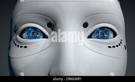 Close up on blue eyes of female humanoid robot with shiny white plastic skin against dark background. 3D Illustration Stock Photo
