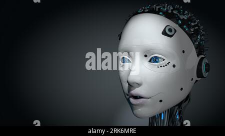 Portrait head of female humanoid robot with white glowing plastic skin, blue eyes and illuminated circuitry in her skull against dark background with Stock Photo