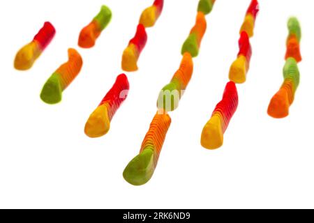 Pattern of A lot of different gummy worms isolated on white background Stock Photo