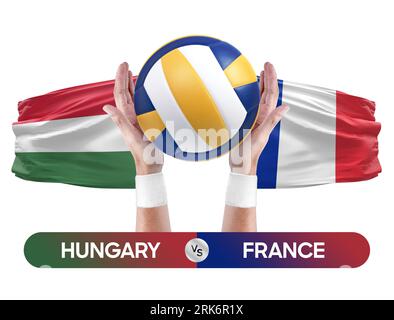 Hungary vs France national teams volleyball volley ball match competition concept. Stock Photo