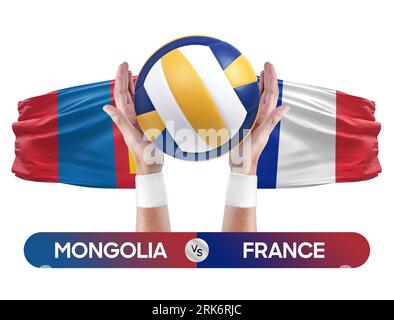 Mongolia vs France national teams volleyball volley ball match competition concept. Stock Photo