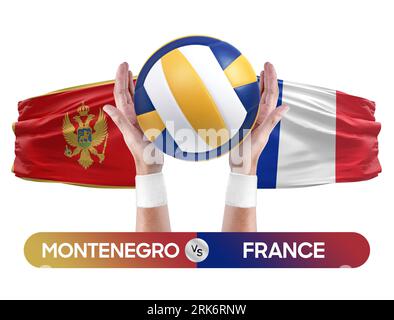 Montenegro vs France national teams volleyball volley ball match competition concept. Stock Photo