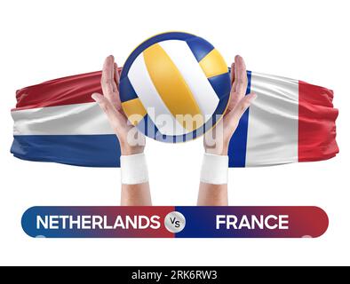 Netherlands vs France national teams volleyball volley ball match competition concept. Stock Photo