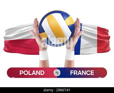 Poland vs France national teams volleyball volley ball match competition concept. Stock Photo