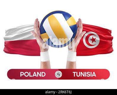 Poland vs Tunisia national teams volleyball volley ball match competition concept. Stock Photo