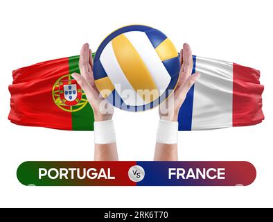 Portugal vs France national teams volleyball volley ball match competition concept. Stock Photo