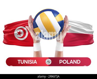 Tunisia vs Poland national teams volleyball volley ball match competition concept. Stock Photo