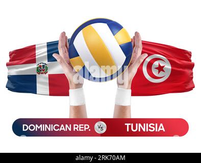Dominican Republic vs Tunisia national teams volleyball volley ball match competition concept. Stock Photo