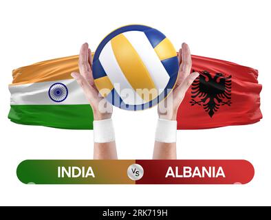 India vs Albania national teams volleyball volley ball match competition concept. Stock Photo