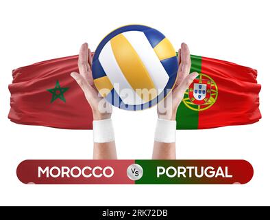 Morocco vs Portugal national teams volleyball volley ball match competition concept. Stock Photo