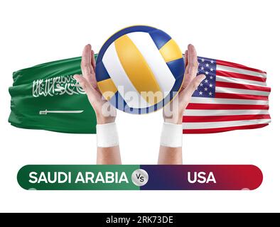 Saudi Arabia vs USA national teams volleyball volley ball match competition concept. Stock Photo