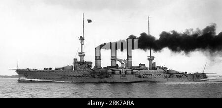 Europa, Deutschland, Schleswig-Holstein, Kiel, Panzerkreuzer ' S.M.S. Prinz Adalbert ' , Motiv aus : ' Kiel und die Deutsche Marine ', Verlag der Neuen Photogr. Gesellschaft AG, Steglitz - Berlin , 1906 , Rechte werden nicht vertreten . / Europe, Germany, Schleswig-Holstein, Kiel, armored cruiser ' S.M.S. Prinz Adalbert  '  ( HMS Prince Adalbert ), image from . ' Kiel und die Deutsche Marine ' ( Kiel and the German Navy ) , published by ' Neue Photogr. Gesellschaft ' ( New photographic company ), Steglitz - Berlin, 1906 , there are no rights . Stock Photo