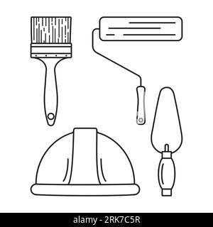 Simple vector line icons. Construction. Structural tools. Protective helmet. Stock Vector