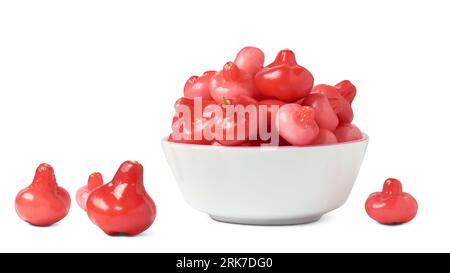 jambu or rose apple in bowl, aka water, wax or jamaican apple, bell fruit or wax jambu, tropical and subtropical crunchy and juicy fruit has light Stock Photo
