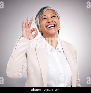 Business woman, happy and okay sign, success and support or like for Human Resources in studio portrait. Mature HR person or professional indian Stock Photo
