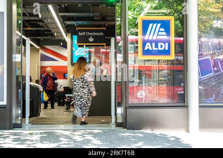 LONDON- JULY 17, 2023: Aldi supermarket on Edgware Road. German budget supermarket chain Stock Photo
