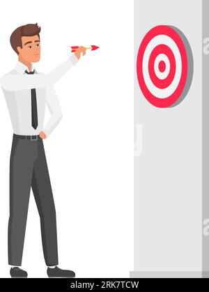 Office employee man setting goal. Businessman playing darts vector illustration Stock Vector