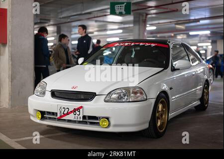 Detail of a classic white Honda Civic EJ8 tuned in Japanese style Stock Photo