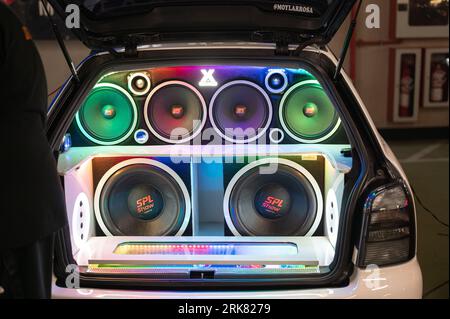 Impressive trunk of the white Audi A4 B6 full of speakers and subwoofers Stock Photo