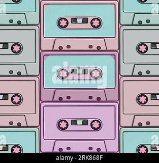 An artistic illustration of vintage pastel-colored audio cassettes against a neutral background Stock Photo