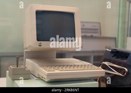 APPLE first computer. Old display, keyboard and Poland, Warsaw - July 28, 2023. Stock Photo