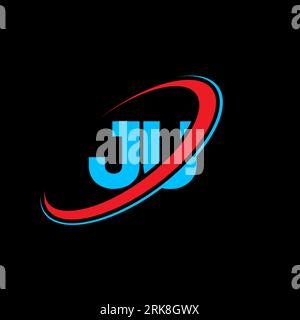 JU J U letter logo design. Initial letter JU linked circle uppercase monogram logo red and blue. JU logo, J U design. ju, j u Stock Vector