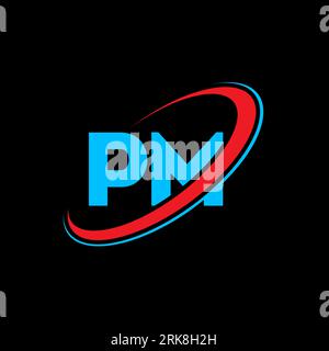 PM P M letter logo design. Initial letter PM linked circle uppercase monogram logo red and blue. PM logo, P M design. pm, p m Stock Vector