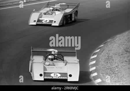 #5 Denny Hulme; Statred 2nd; Finished 1st; and #4 Peter Revson; Started 1st; Finished 2nd in McLaren M20 cars at the 1972 Watkins Glen Can Am Stock Photo