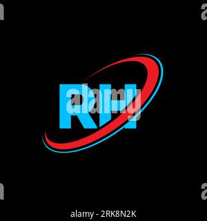 RH R H letter logo design. Initial letter RH linked circle uppercase monogram logo red and blue. RH logo, R H design. rh, r h Stock Vector