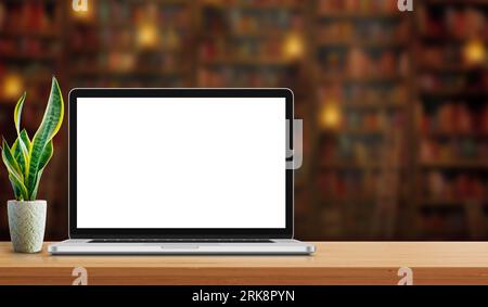 Laptop on wooden desk with background. Laptop or Computer mockup white background on table Stock Photo