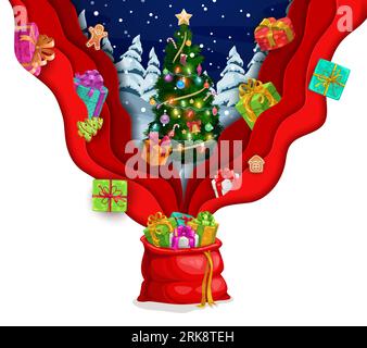 Christmas paper cut gifts bag and falling present boxes. Vector greeting card with decorated xmas tree in snowy forest, 3d layered effect red layouts, Stock Vector