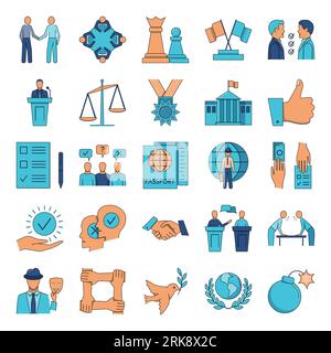 Diplomacy and international relations icon set in flat style. Vector illustration. Stock Vector