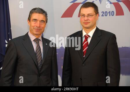100601 -- RIGA, June 1, 2010 Xinhua -- North Atlantic Treaty Organization NATO Secretary-General Anders Fogh Rasmussen L and Latvian Prime Minister Valdis Dombrovskis have a group photo taken during a plenary session of the NATO Parliamentary Assemly in Riga, capital of Latvia, June 1, 2010. the NATO Parliamentary Assemly was concluded here on Tuesday. Xinhua/Yang Hongde 3LATVIA-NATO-RASMUSSEN PUBLICATIONxNOTxINxCHN Stock Photo
