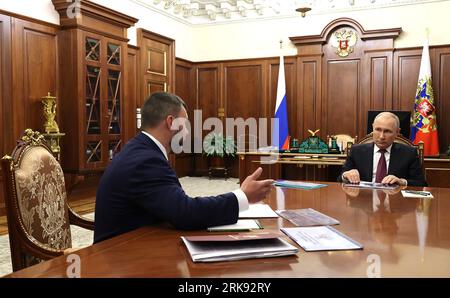 Moscow, Russia. 24th Aug, 2023. Russian President Vladimir Putin meets with Acting Head of the Donetsk People's Republic Denis Pushilin (L) in Moscow, Russia on Thursday, August 24, 2023. Putin has praised Wagner Group chief Yevgeny Prigozhin as 'a talented businessman' and sent condolences to Prigozhin's family during the meeting. Photo by Kremlin POOL/ Credit: UPI/Alamy Live News Stock Photo