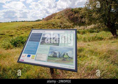 The site of Fotheringhay Castle. The historic castle was part of two major moments in English history. King Richard III was born at Fotheringhay in October 1452. Mary Queen of Scots was held prisoner and executed at Fotheringhay in February 1587. The remaining stones sit beside the River Nene in the County of Northamptonshire. Stock Photo