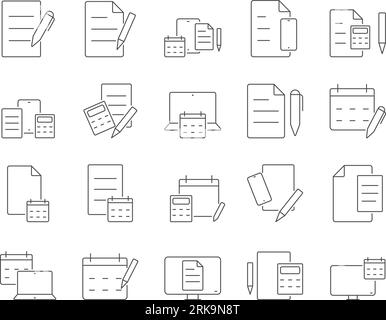 Office and Workspace Icons Set. Office Supplies, Calendar, Calculator. Editable Stroke. Simple Icons Vector Collection Stock Vector